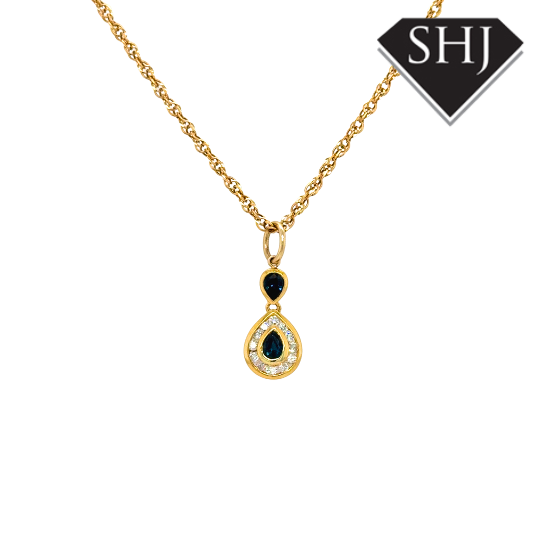 9ct Yellow Gold Sapphire and Diamond Pendant & Chain