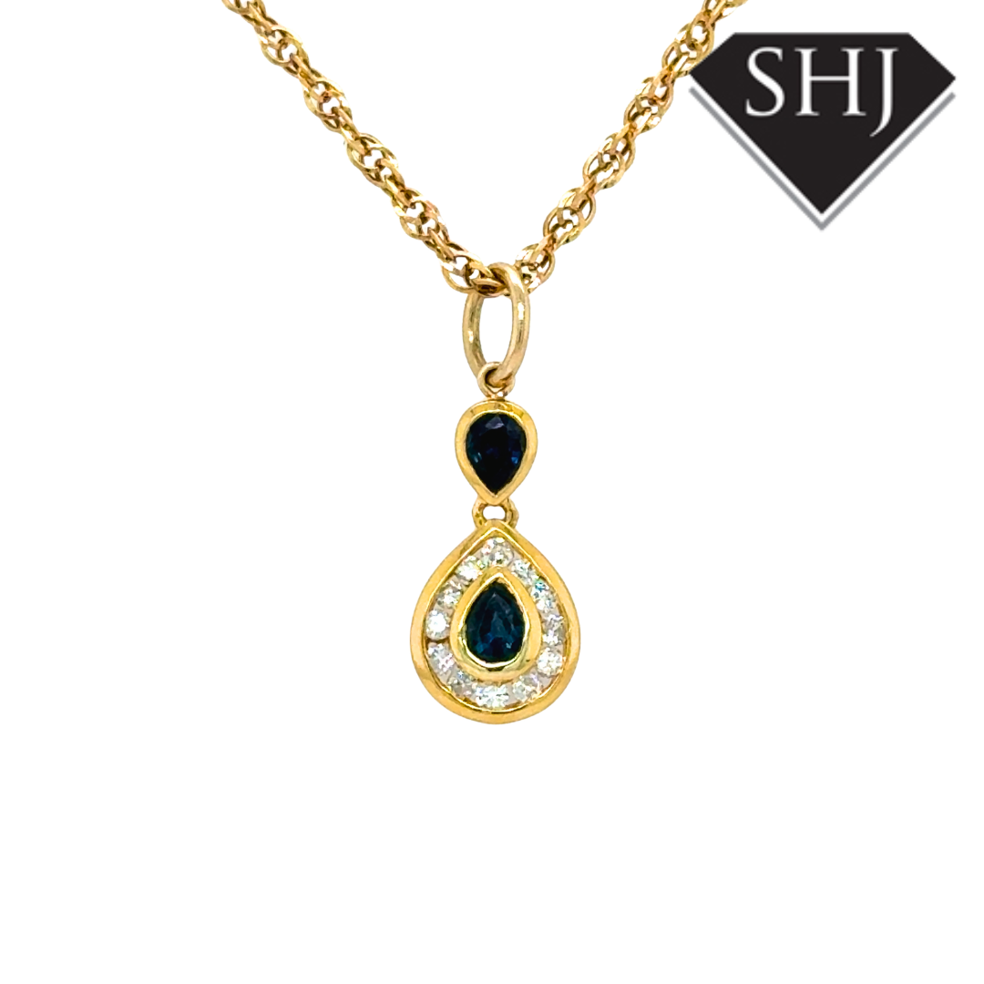 9ct Yellow Gold Sapphire and Diamond Pendant & Chain