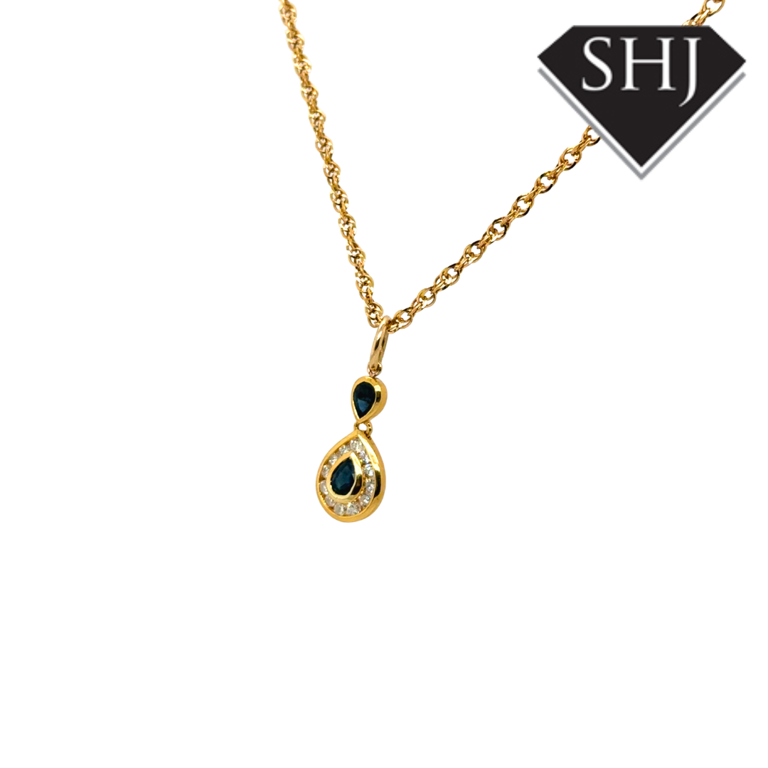 9ct Yellow Gold Sapphire and Diamond Pendant & Chain