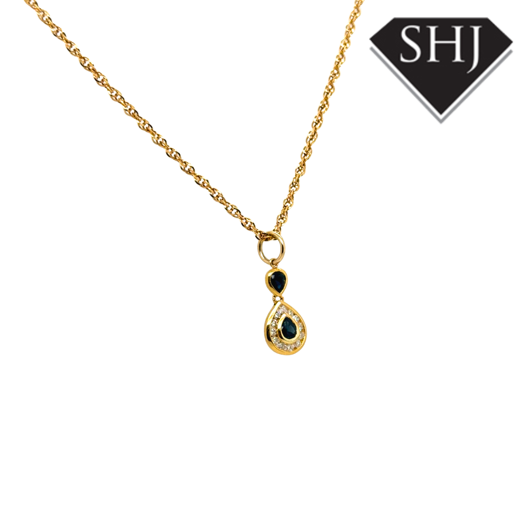 9ct Yellow Gold Sapphire and Diamond Pendant & Chain