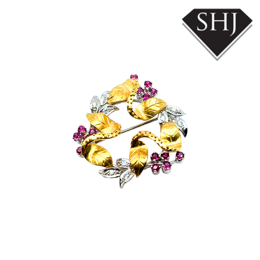 18ct Yellow/White Gold Ruby & Diamond Brooch