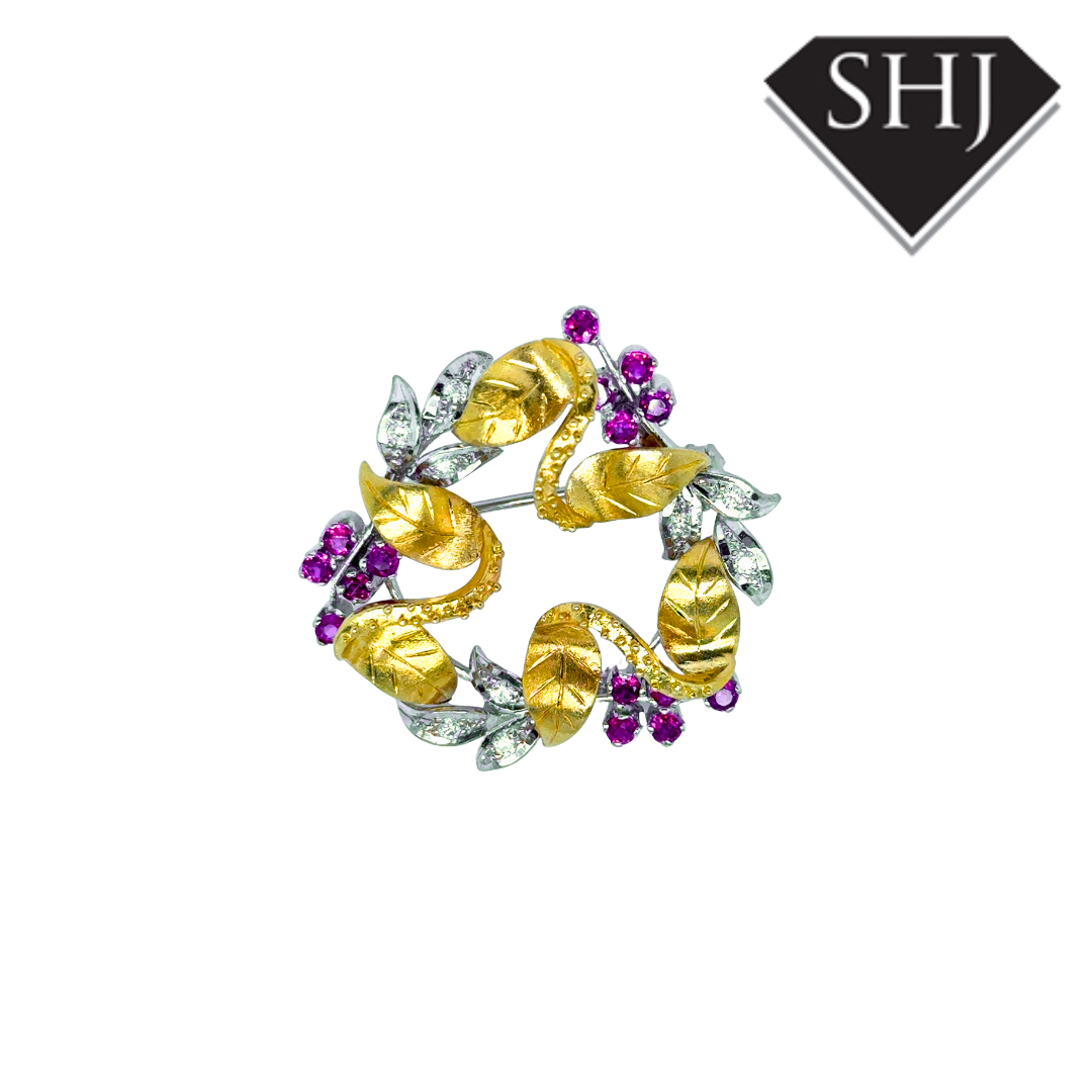 18ct Yellow/White Gold Ruby & Diamond Brooch