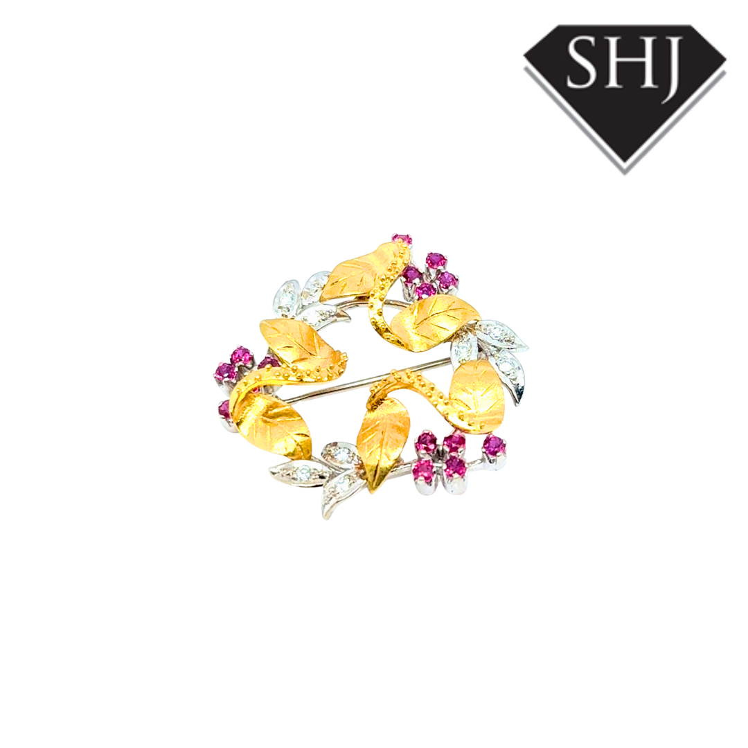 18ct Yellow/White Gold Ruby & Diamond Brooch