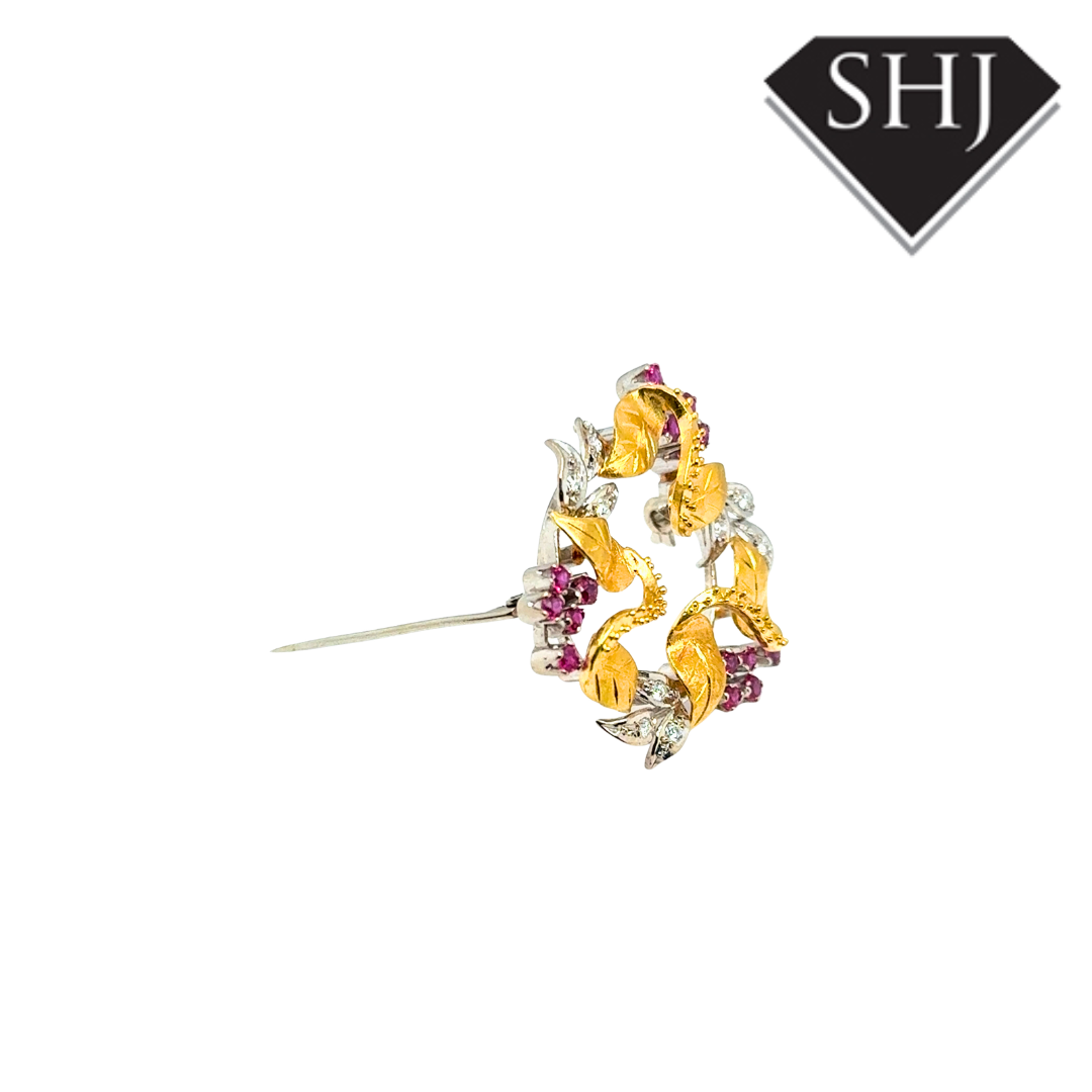 18ct Yellow/White Gold Ruby & Diamond Brooch