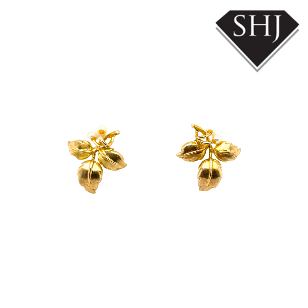 9ct Yellow Gold Pearl Leaf Earrings
