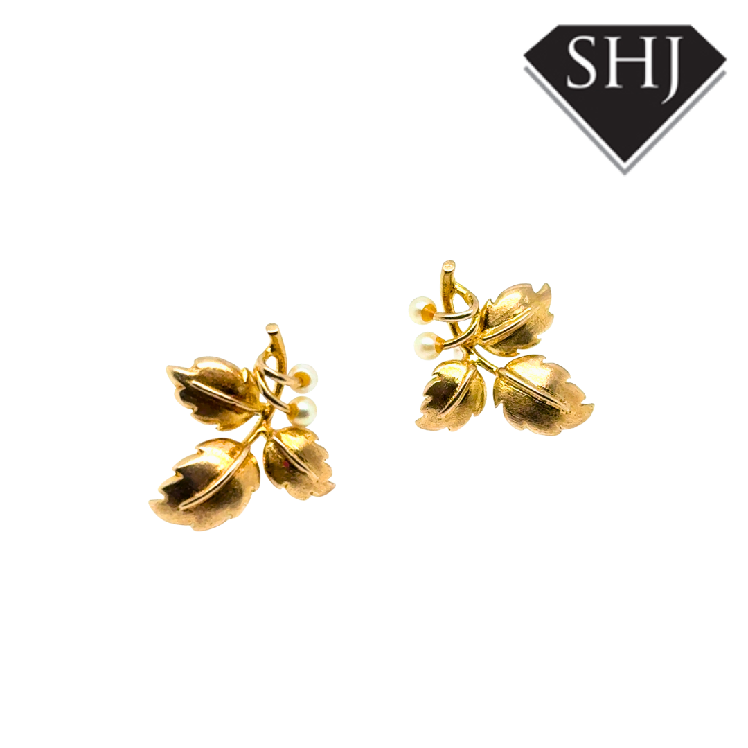 9ct Yellow Gold Pearl Leaf Earrings