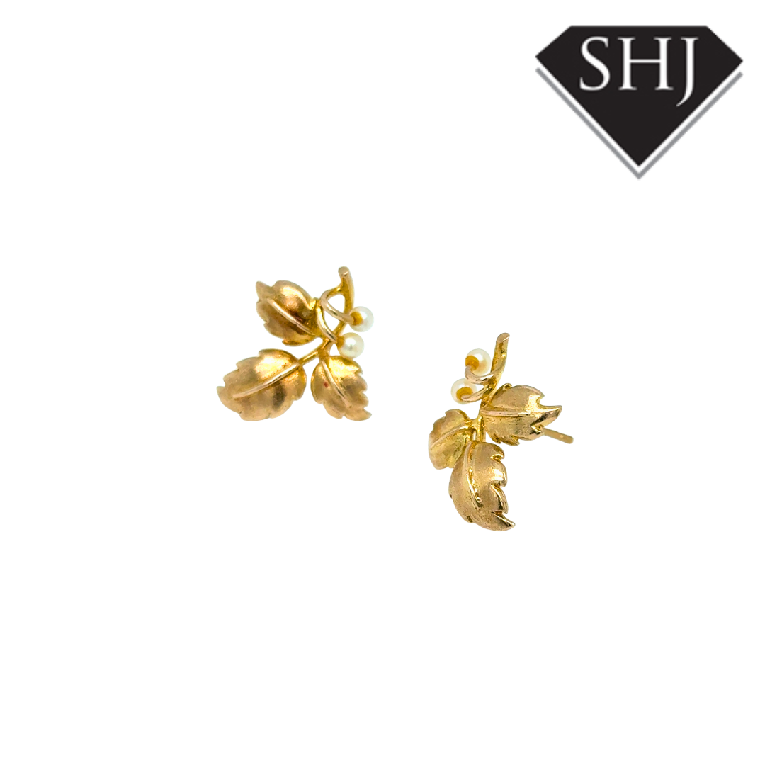 9ct Yellow Gold Pearl Leaf Earrings