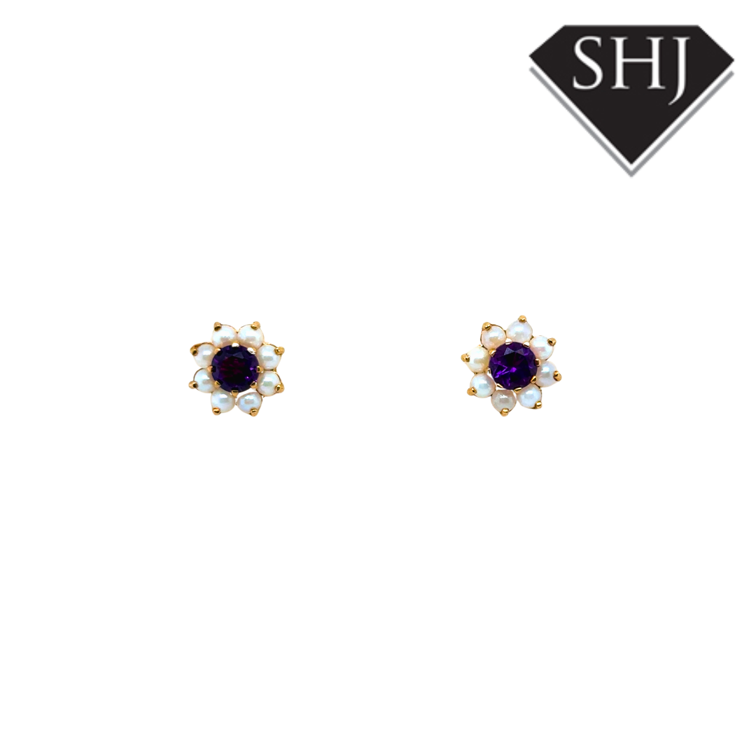 9ct Yellow Gold Amethyst & Pearl Earrings