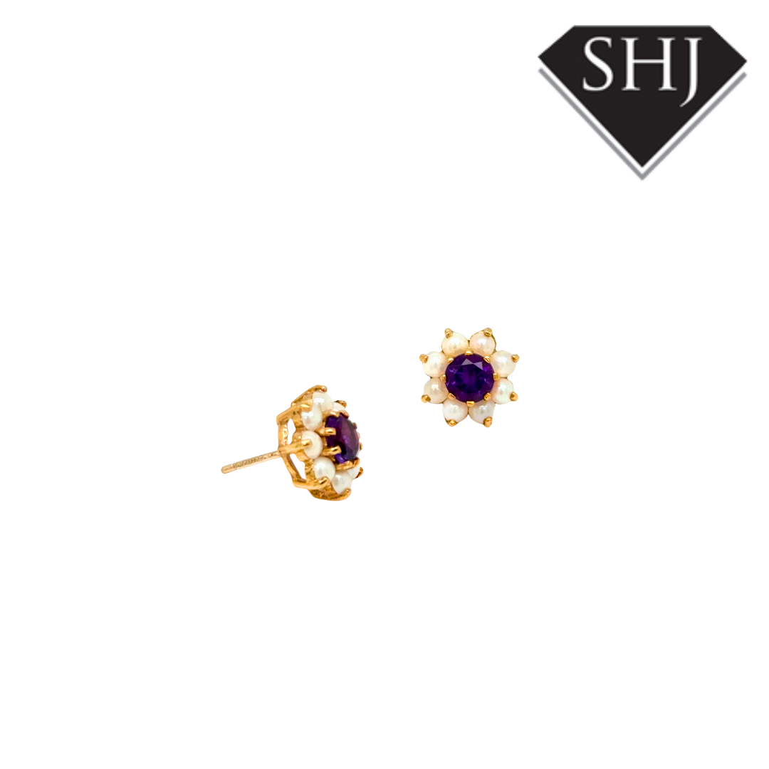 9ct Yellow Gold Amethyst & Pearl Earrings