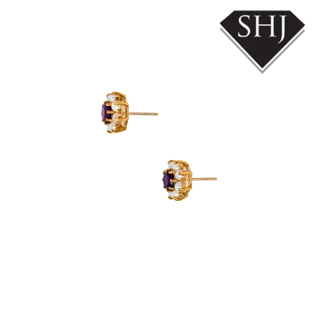 9ct Yellow Gold Amethyst & Pearl Earrings