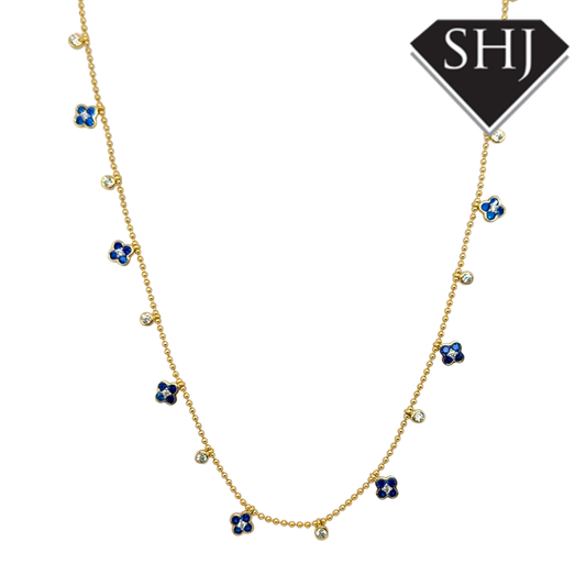 Silver Gold Plated Blue Flower CZ Necklace