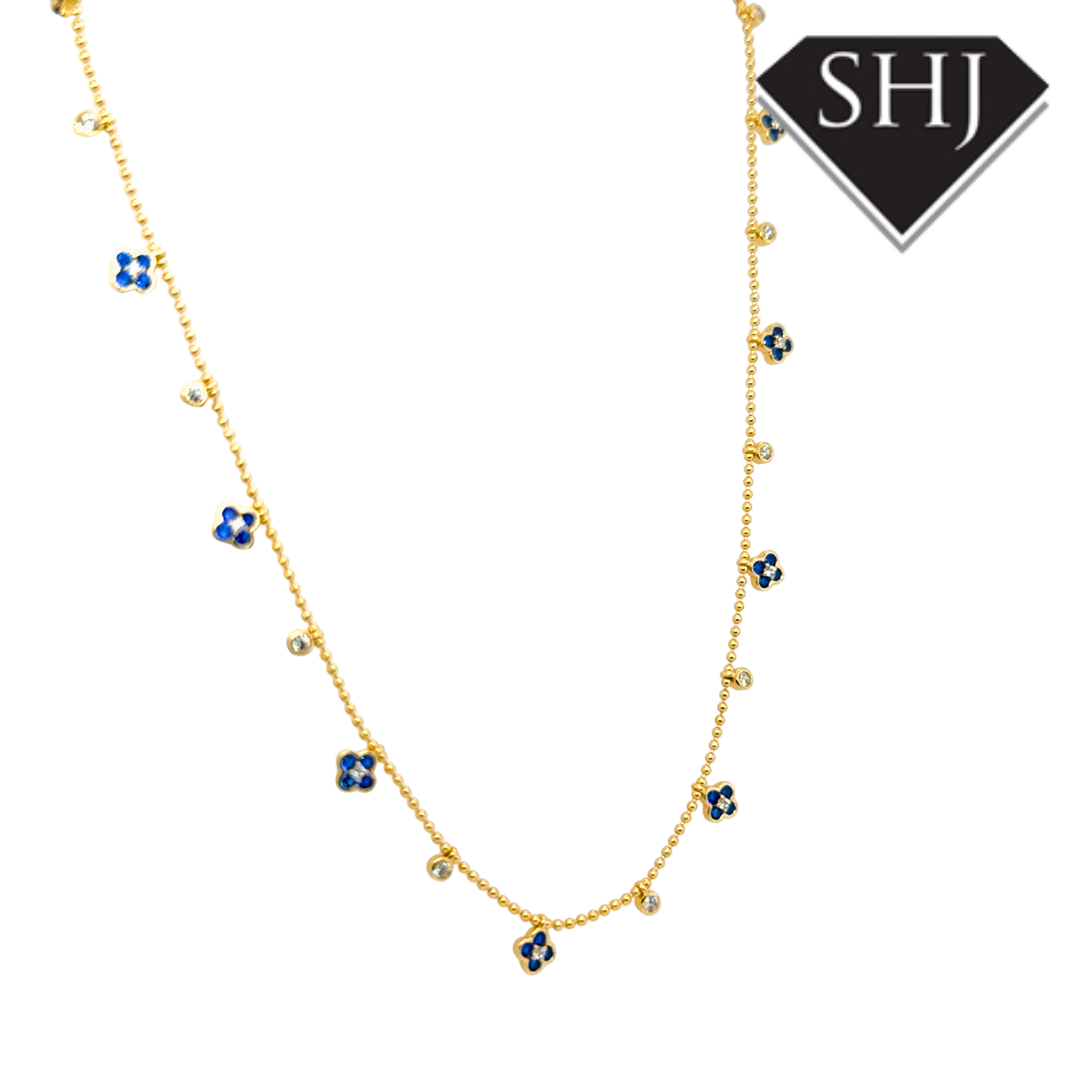 Silver Gold Plated Blue Flower CZ Necklace