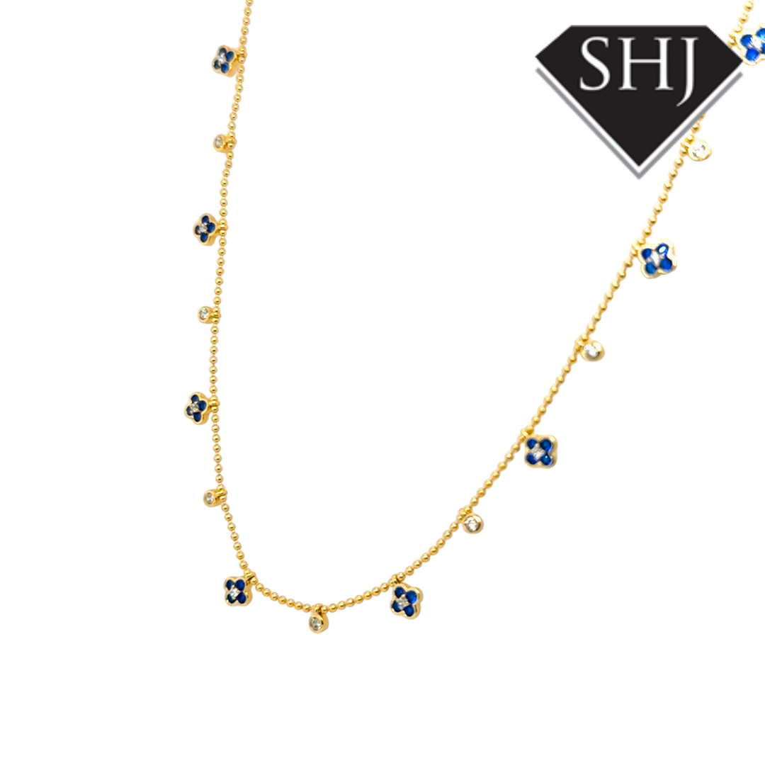 Silver Gold Plated Blue Flower CZ Necklace