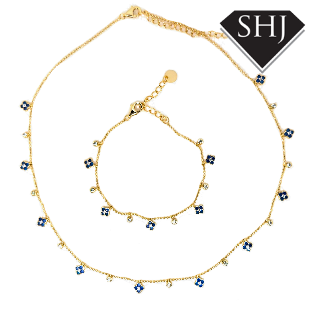 Silver Gold Plated Blue Flower CZ Necklace