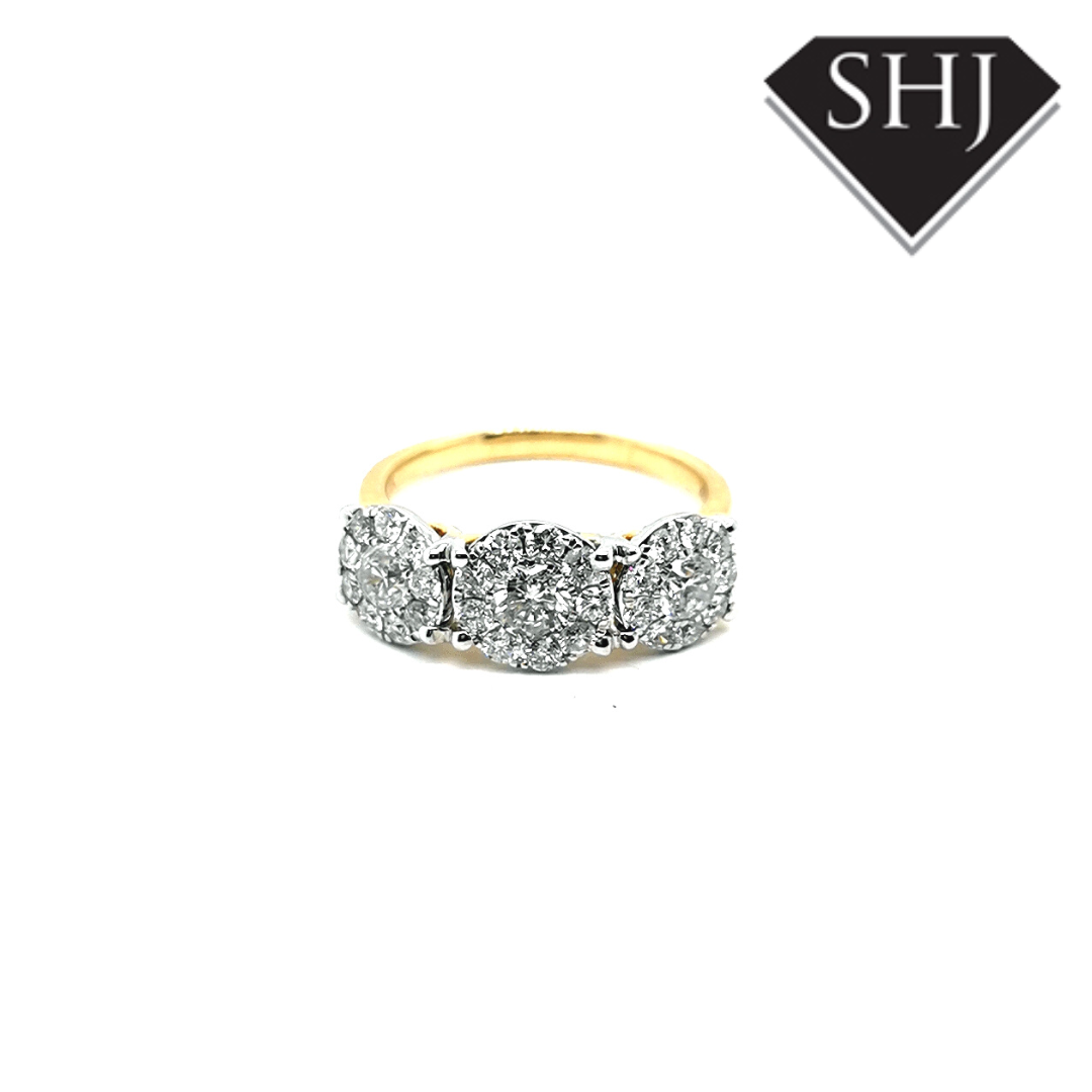 9ct Yellow Gold Triple Diamond Cluster Ring