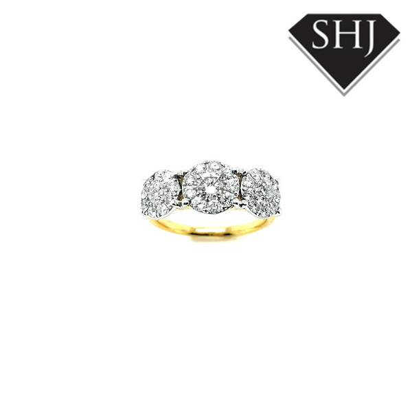 9ct Yellow Gold Triple Diamond Cluster Ring