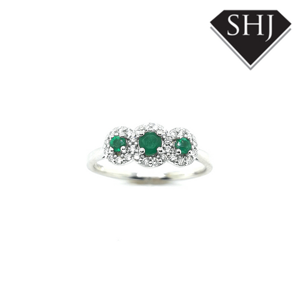 9ct White Gold Emerald  and Diamond 3 stone Ring