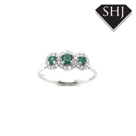 9ct White Gold Emerald  and Diamond 3 stone Ring
