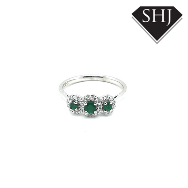 9ct White Gold Emerald  and Diamond 3 stone Ring
