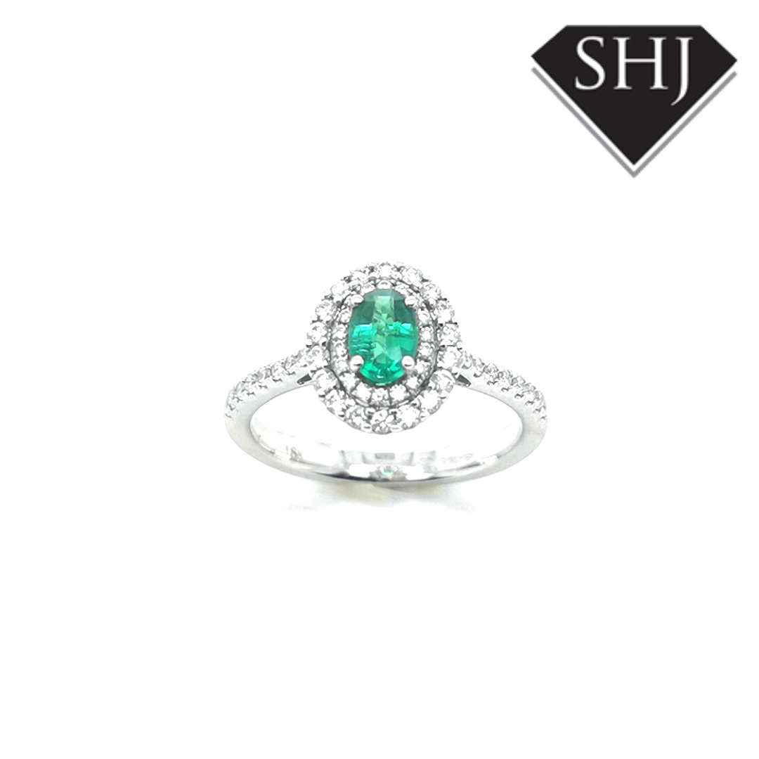 18ct White Gold Emerald and Diamond Halo Ring 0.38ct