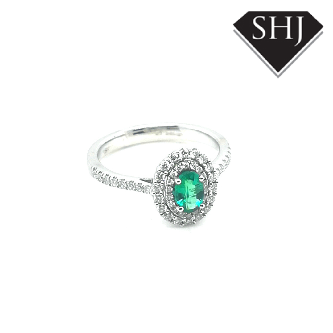 18ct White Gold Emerald and Diamond Halo Ring 0.38ct