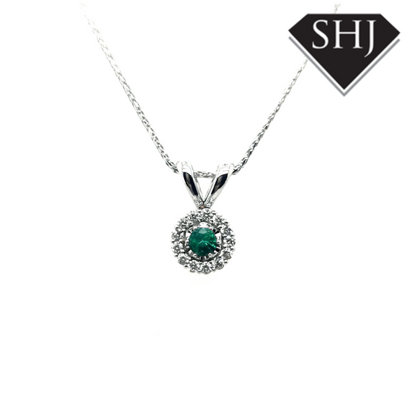 18ct White Gold Diamond and Emerald Pendant