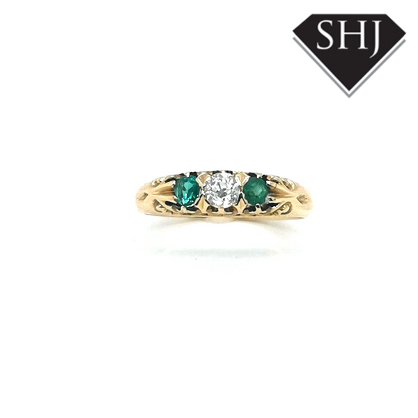 18ct Yellow Gold Emerald and Diamond 3 Stone Ring