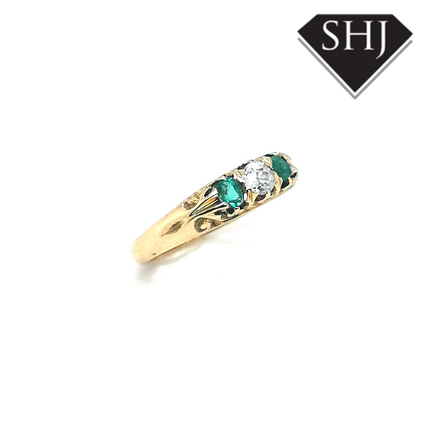 18ct Yellow Gold Emerald and Diamond 3 Stone Ring