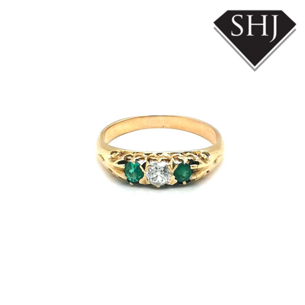 18ct Yellow Gold Emerald and Diamond 3 Stone Ring